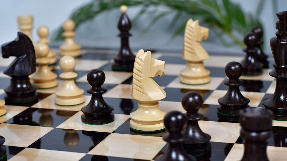 Romanian-Hungarian National Tournament Weighted Chess Pieces in Indian Rosewood & Natural Boxwood - 3.8" King