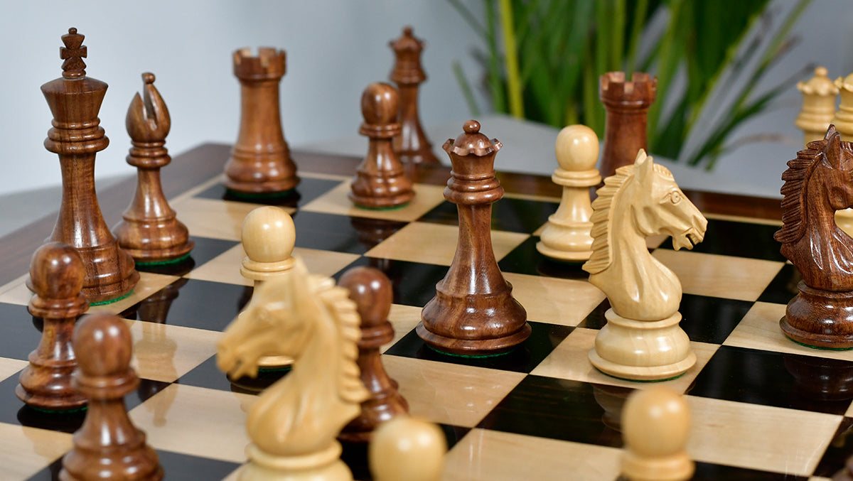 Derby Knight Staunton Weighted Chess Pieces in Sheesham & Boxwood - 4.1" King