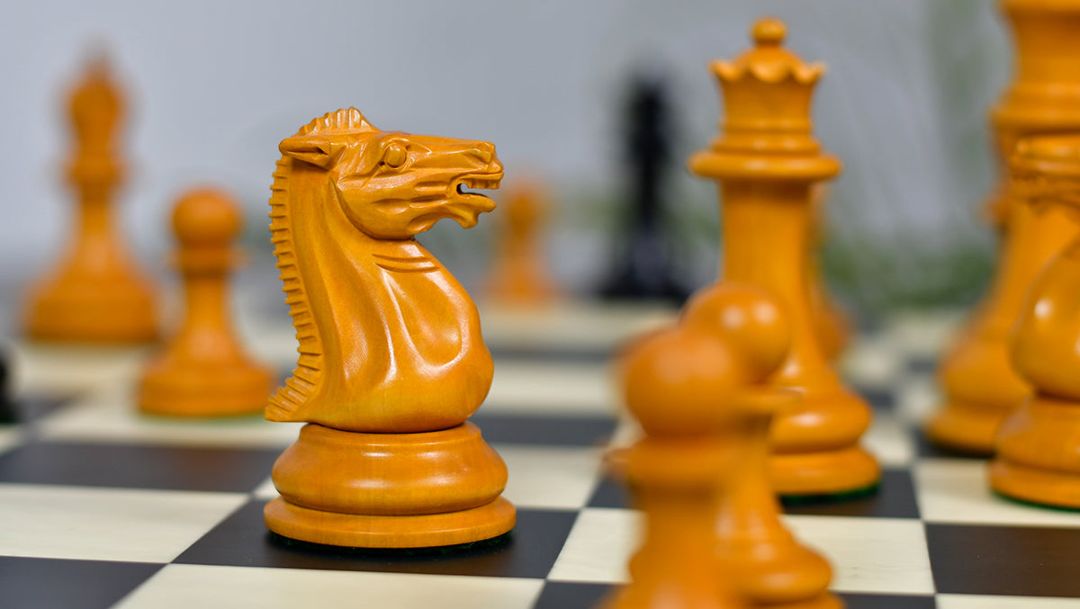 4.5" King - 1849 Original Staunton Pattern Triple Weighted Wooden Chess Pieces in Genuine Ebony & Antiqued Boxwood w/ King Side Stamping