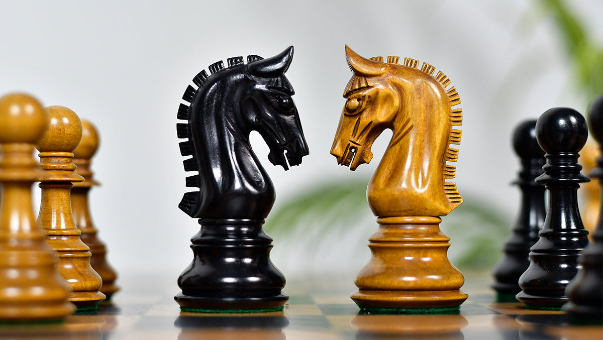 Combo Of War Admiral Antiqued Chess Pieces – 4.4" King – Handcrafted Staunton Design in Ebony Wood & Antiqued Boxwood With Wooden Black Dyed Poplar Olive Chess Board