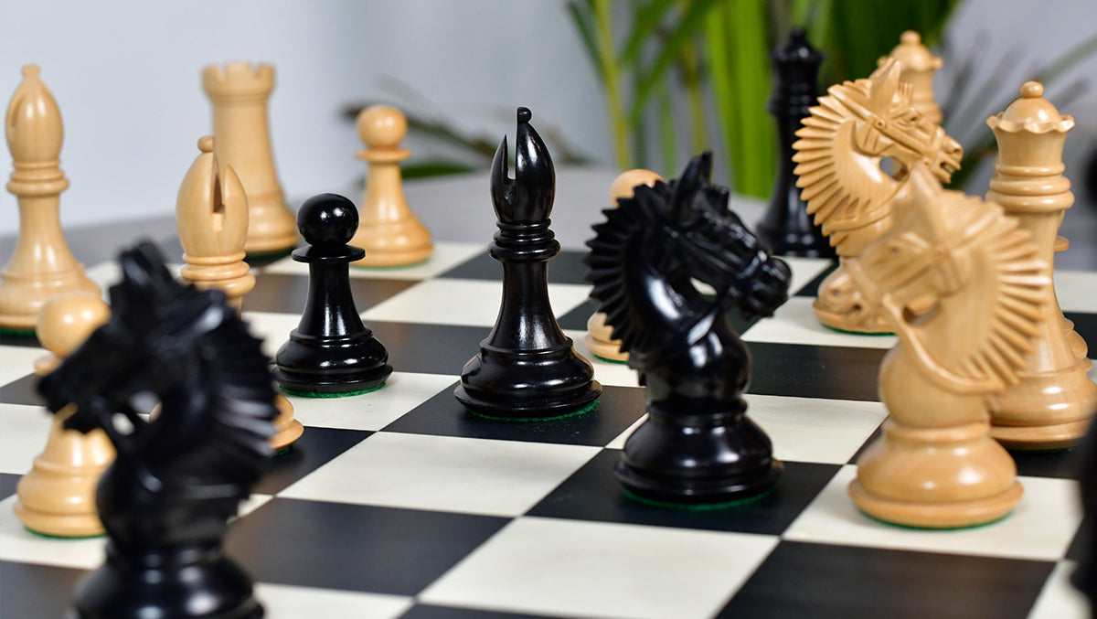 The American Bridle Triple-Weighted Chess Pieces with Extra Queen - Handcrafted in Ebony & Boxwood 4.2" King