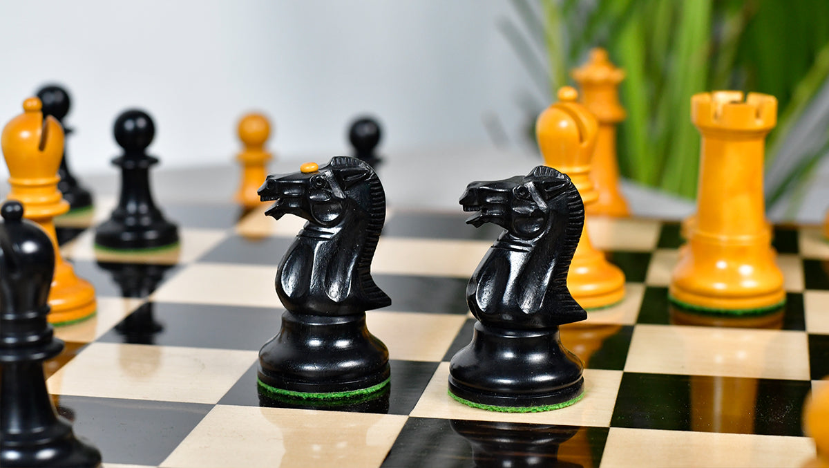 Reproduced Richard Whitty Antique Chess Pieces with King Side Stamping in Ebony / Antiqued Box wood - 3.75" King