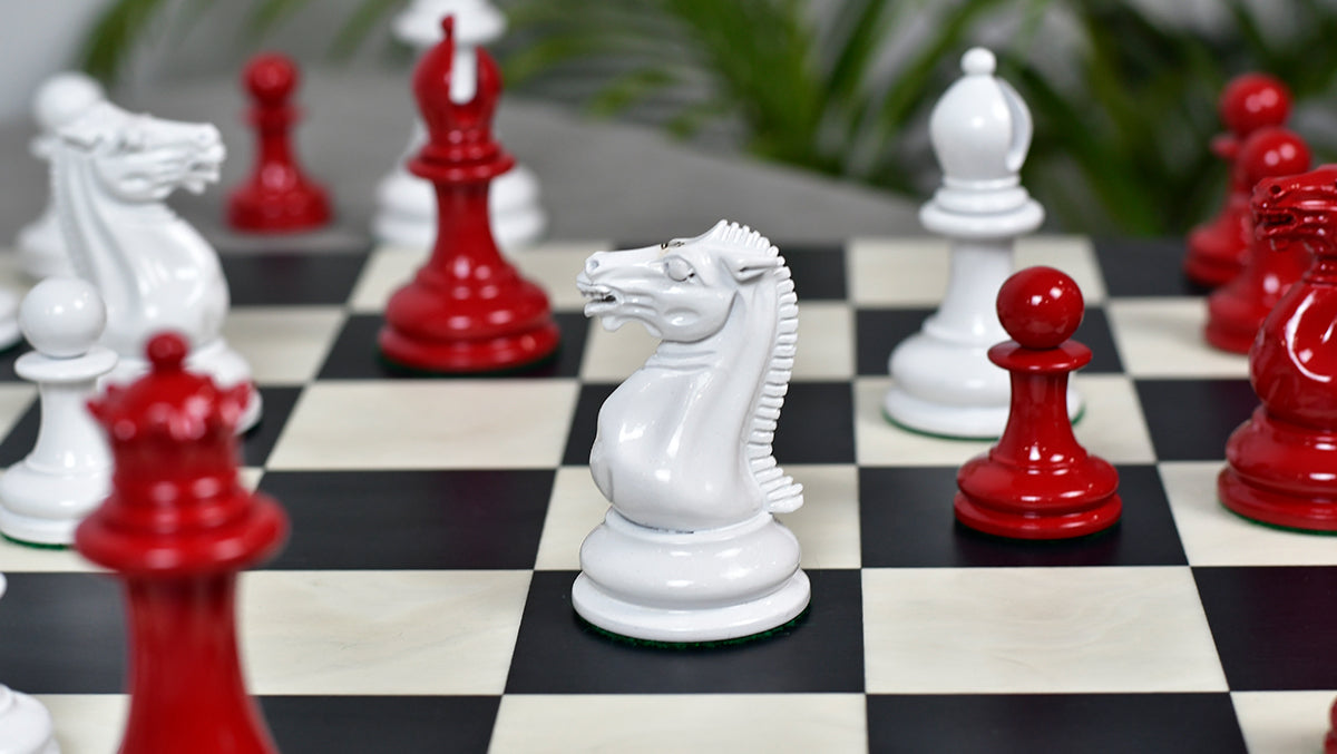 1849 Original Staunton Pattern Painted Chess Pieces (Lacquer Finished) Red Painted Crimson & Ivory White - 4.5" King