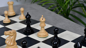 1880s-90s Circa Lasker Staunton Pattern Antique Chess Pieces in Ebony / Boxwood with King Side Stamping - 3.75" King