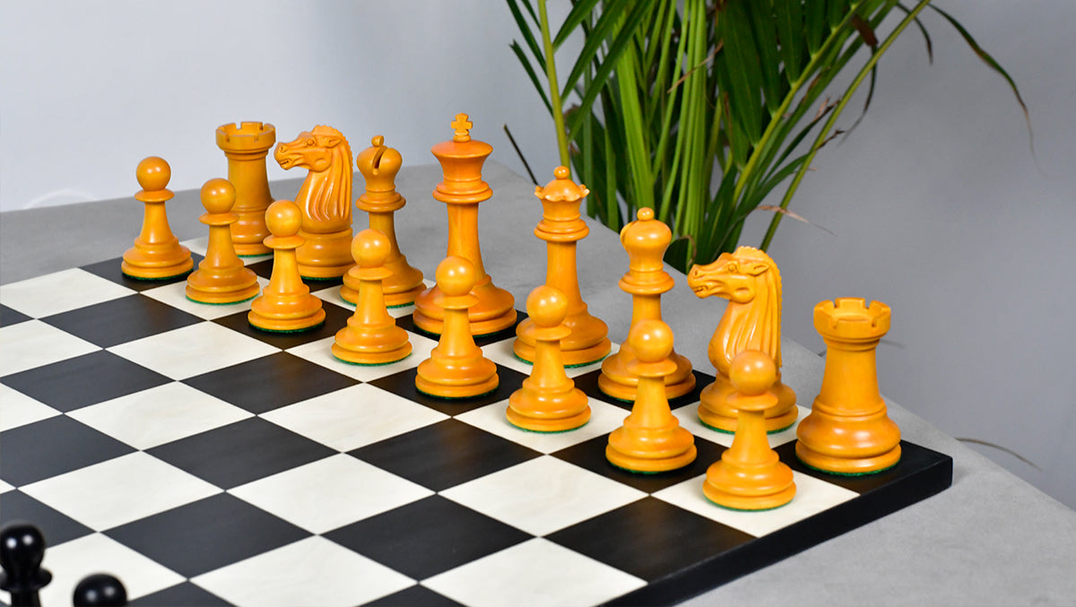 Circa 1887 Turner Teich Soviet-Staunton Style Weighted 4" Chess Pieces in Ebony & Golden Antique Boxwood - 1700 Grams Weight