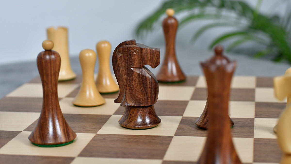 Combo Of Minimalist Soviet-Style Chess Pieces In Sheesham & Boxwood - 3.7” King With Minimalist Walnut Maple Wooden Chess Board Matte Finish