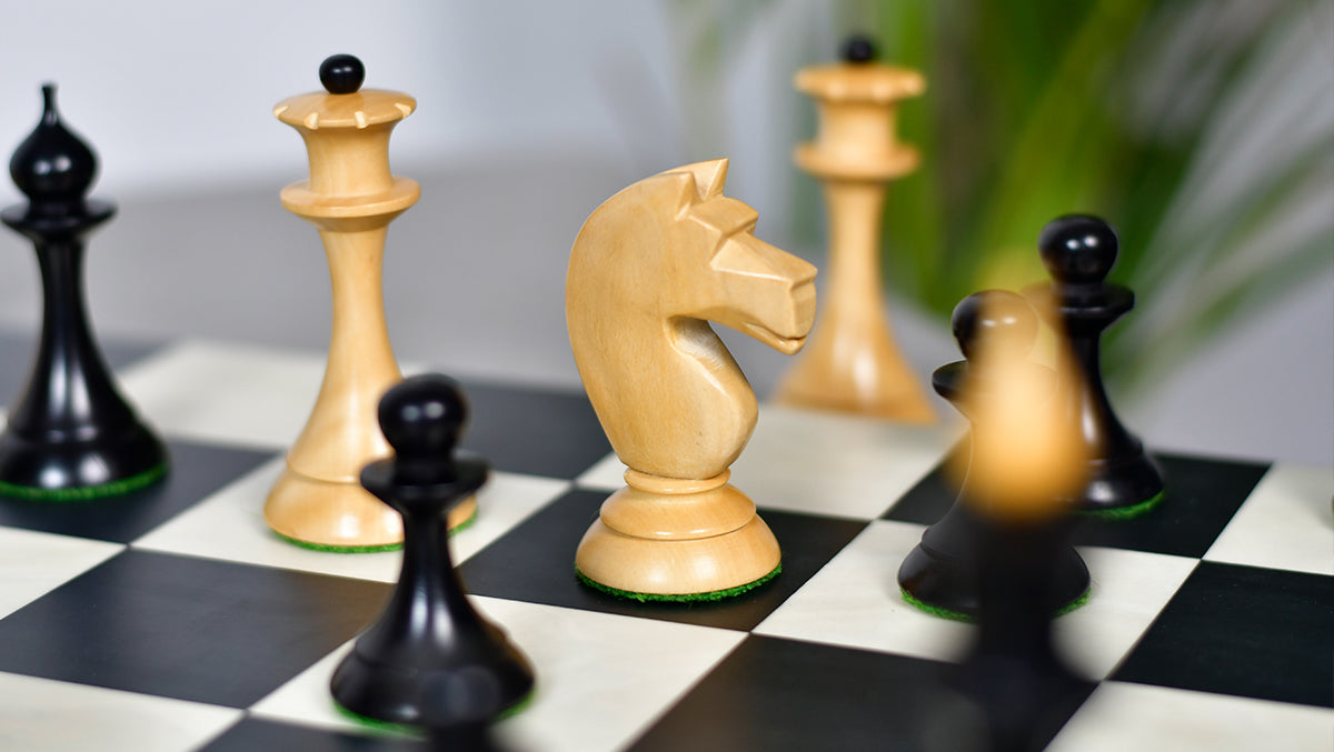 1950s' Soviet (Russian) Latvian (Queen's Gambit Series) Chess Pieces in Ebonized Boxwood & Natural Boxwood - 4.1" King