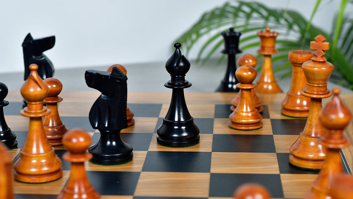 Combo Of The 1973 Philippines Repro International Tournament Chess Pieces in 4.2 Inch King Ebonized & Distressed Antique With Wooden Black Dyed Poplar Olive Chess Board