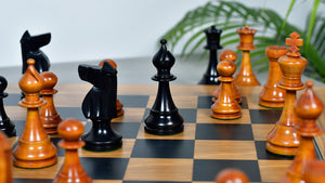 Combo Of The 1973 Philippines Repro International Tournament Chess Pieces in 4.2 Inch King Ebonized & Distressed Antique With Wooden Black Dyed Poplar Olive Chess Board