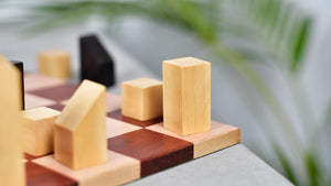 1966 F. Lanier Graham Chess Pieces - Minimalist Design in Ebonized Boxwood & Natural Boxwood - 2.79" King