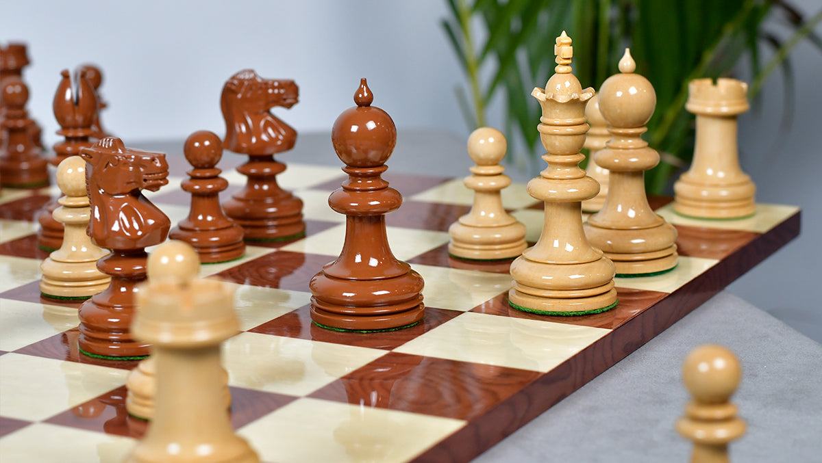 Exclusive Repro William Hallett High Class Chess Pieces in Golden Dyed & Boxwood Wood - 4.0"