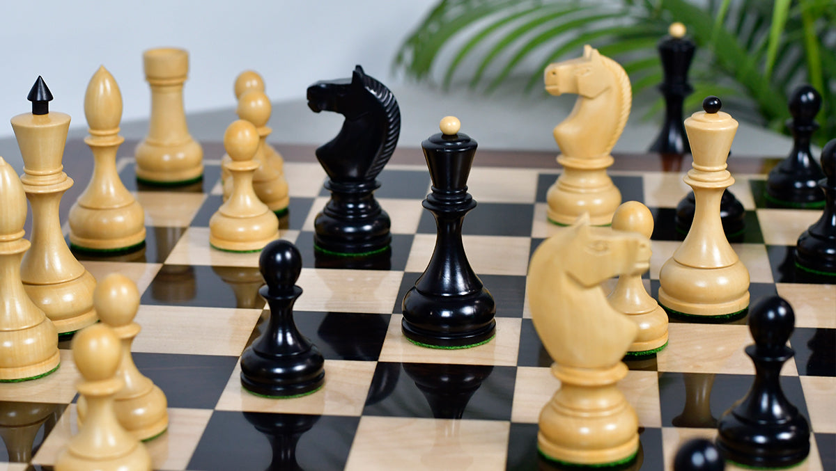Combo Of Circa 1930s "Leningrad Schoolboy" 4.2 inch King Soviet Chess Pieces in Ebonized & Boxwood - 1530 grams With Solid Wooden Indian Chess Board in Genuine Ebony Wood & Maple Wood with Sheesham Wood Border