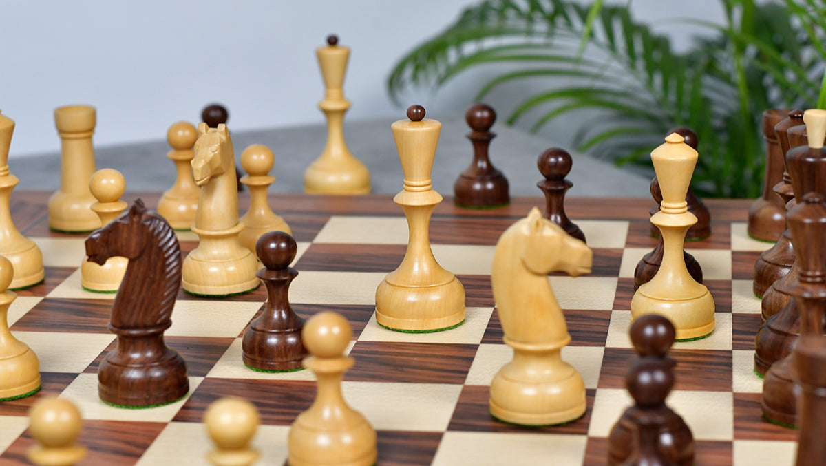 The Soviet Era 1950s' Botvinnik Tournament Weighted Chess Pieces in Sheesham & Boxwood 4.4 inch King - With Santos Palisander pr & Sycamore Chess Board