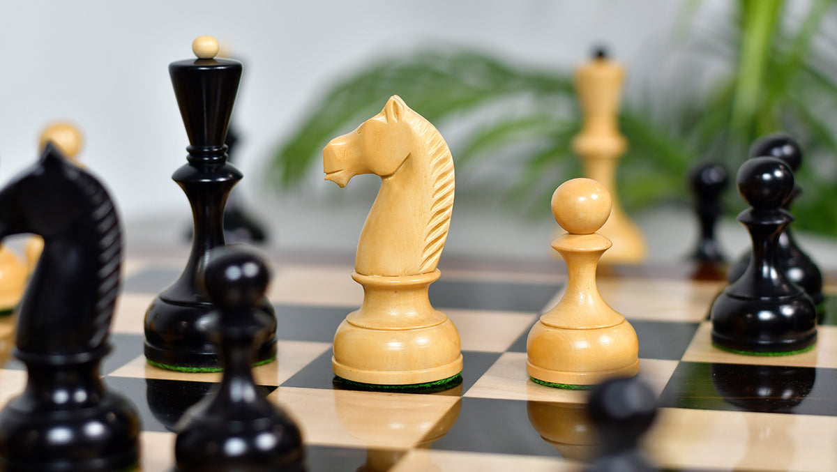 Combo Of 1950s' Botvinnik Tournament Soviet Era Chess Pieces in 4.4 inch King Ebonized Boxwood - 1480 Grams Weight With Solid Wooden Indian Chess Board in Genuine Ebony Wood & Maple Wood with Sheesham Wood Border
