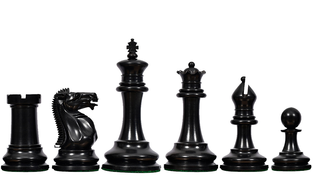 Reproduced Antique 1865-70 Steinitz Staunton Pattern Chess Pieces in Ebony / Box Wood with King Side Stamping - 3.75" King