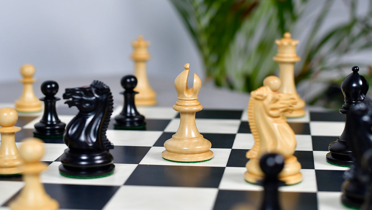 1849 Original Staunton Pattern Wooden Heavy Chess Pieces in Ebony / Boxwood with King Side Stamping - 3.75" King