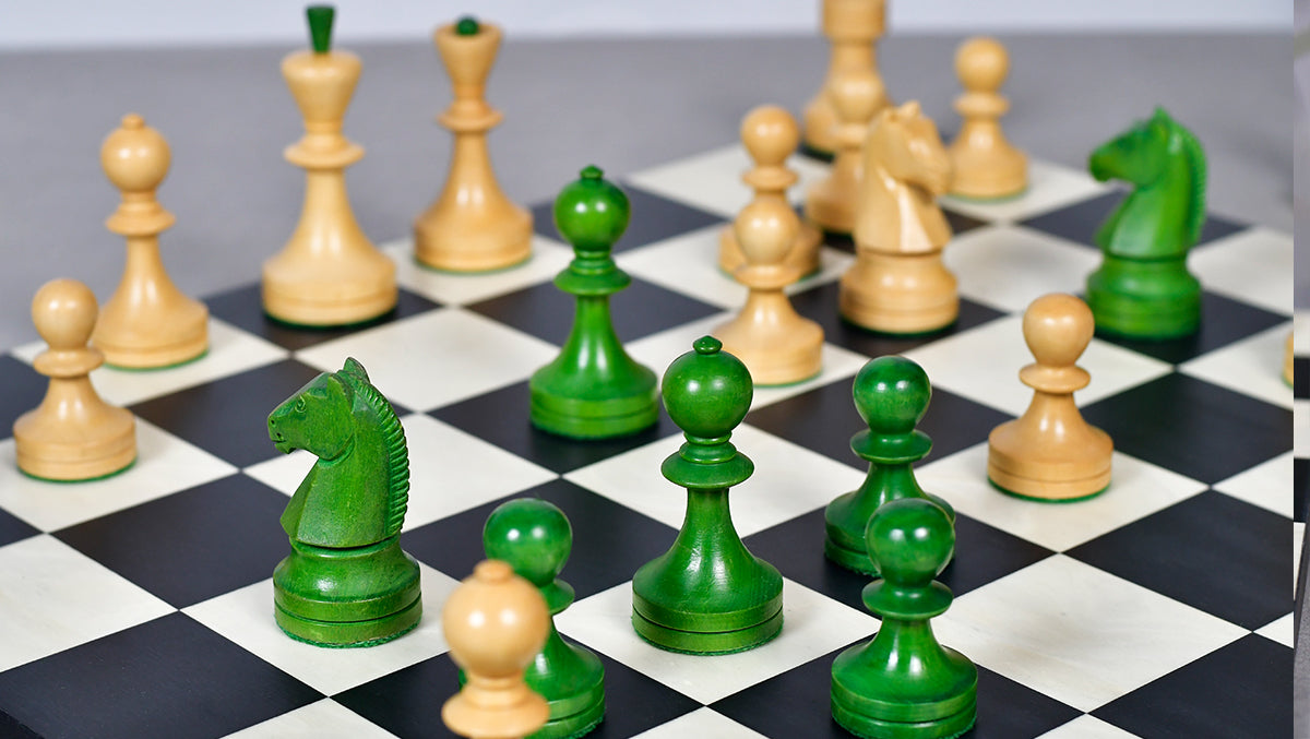 Russian (Soviet Era) Series Chess Pieces in Stained Green Ash Burl / Boxwood - 3.7" King