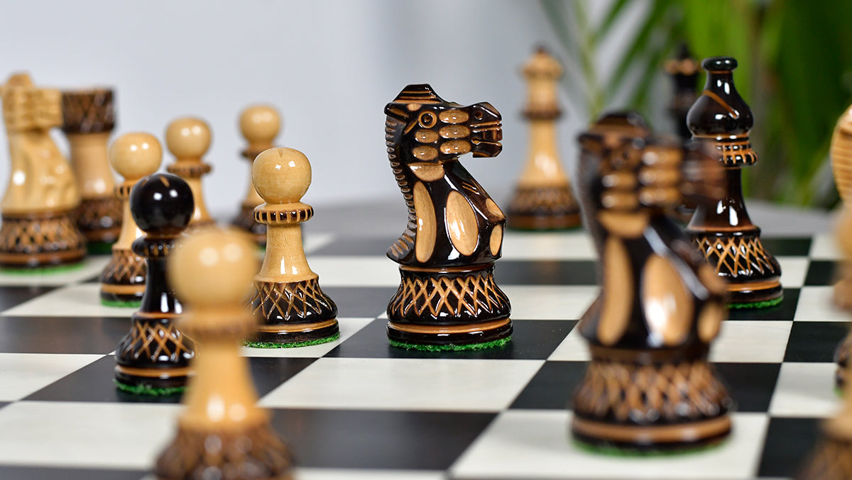 Burnt Blazed Series Handcarved (Lacquerd) Chess Pieces in Burnt Boxwood - 3.8" King
