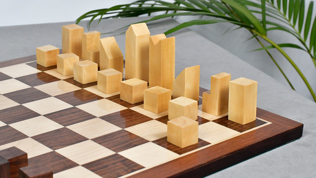 1966 F. Lanier Graham Chess Pieces - Minimalist Design in Sheesham & Boxwood - 2.79" King