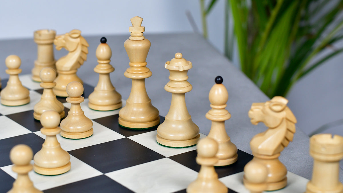 Reproduced Vintage 1950's Circa Bohemia Staunton Series German Chess Pieces in Ebonized Boxwood & Natural Boxwood - 3.89" King