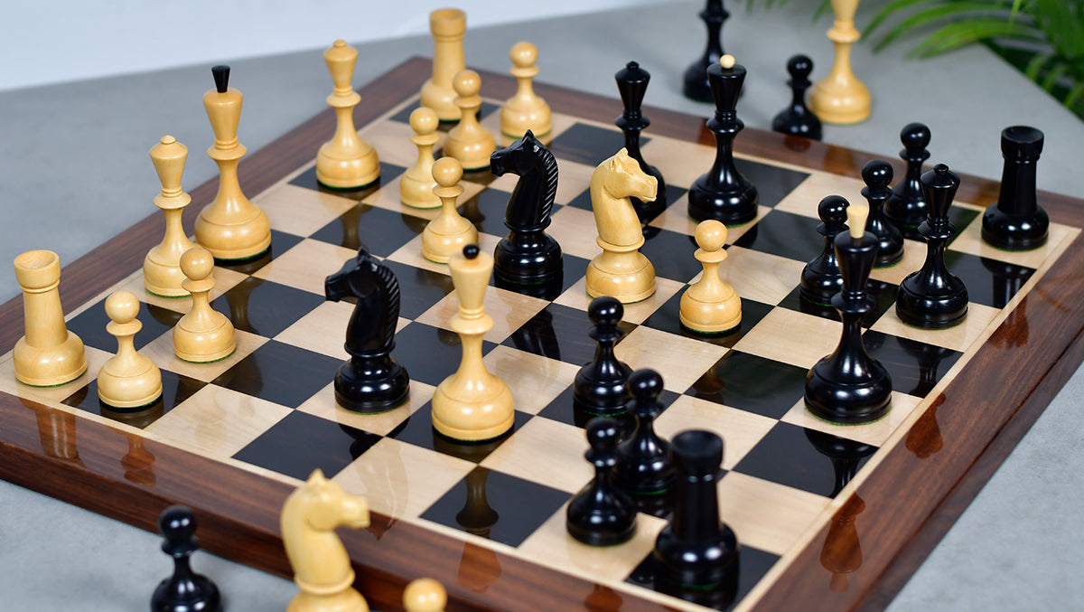Combo Of 1950s' Botvinnik Tournament Soviet Era Chess Pieces in 4.4 inch King Ebonized Boxwood - 1480 Grams Weight With Solid Wooden Indian Chess Board in Genuine Ebony Wood & Maple Wood with Sheesham Wood Border