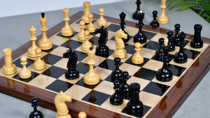 Combo Of 1950s' Botvinnik Tournament Soviet Era Chess Pieces in 4.4 inch King Ebonized Boxwood - 1480 Grams Weight With Solid Wooden Indian Chess Board in Genuine Ebony Wood & Maple Wood with Sheesham Wood Border