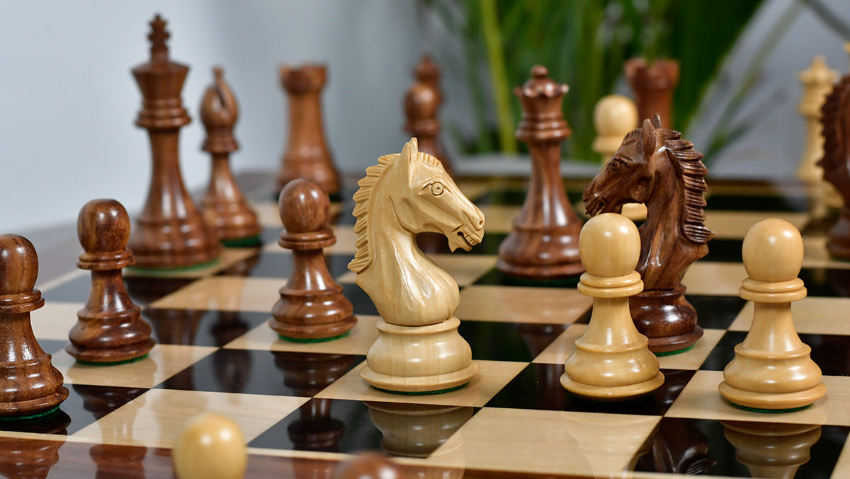Derby Knight Staunton Weighted Chess Pieces in Sheesham & Boxwood - 4.1" King
