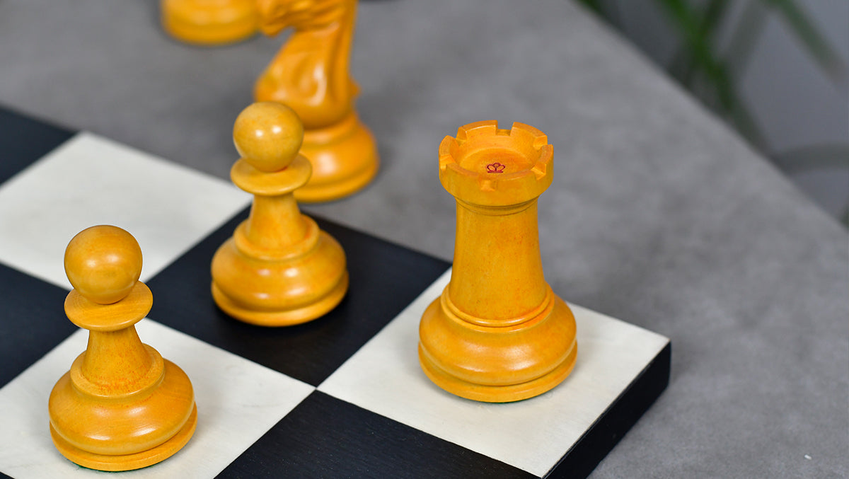1900s' Marshall Staunton Pattern Chess Pieces in Ebony / Antiqued Boxwood with King Side Stamping - 3.75" King