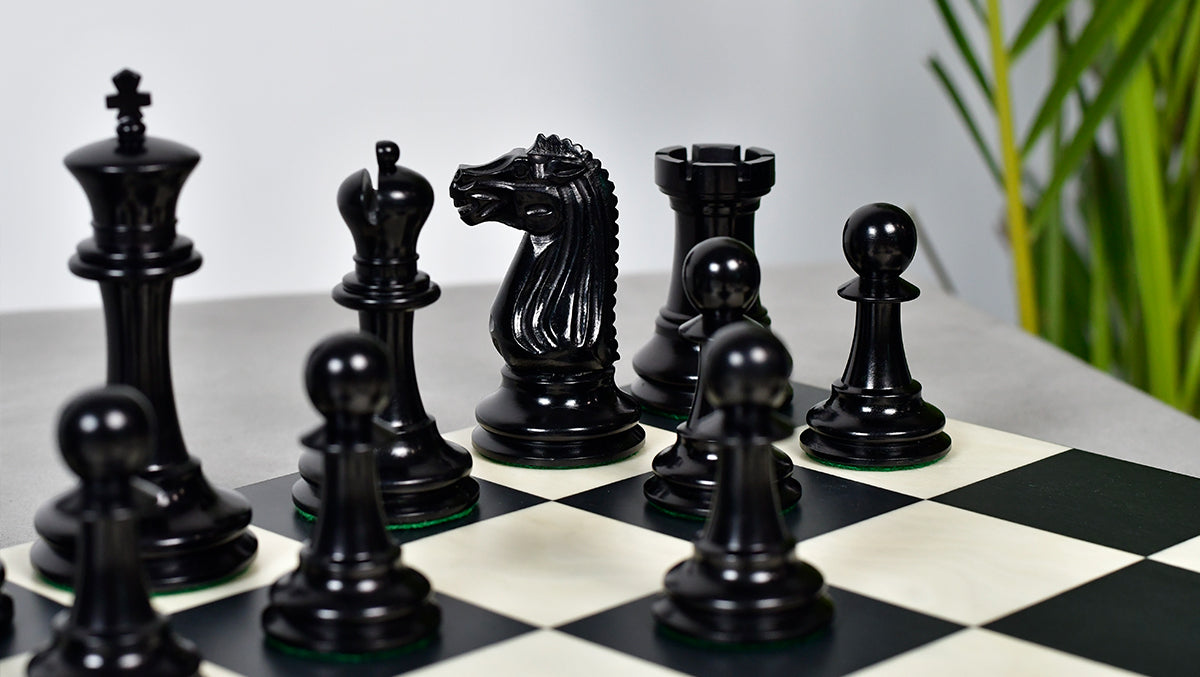 Circa 1887 Turner Teich Soviet-Staunton Style Weighted 4" Chess Pieces in Ebony & Antiqued Boxwood - 1700 Grams Weight