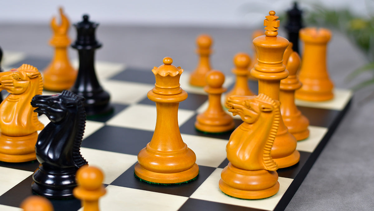 4.5" King - 1849 Original Staunton Pattern Triple Weighted Wooden Chess Pieces in Genuine Ebony & Antiqued Boxwood w/ King Side Stamping