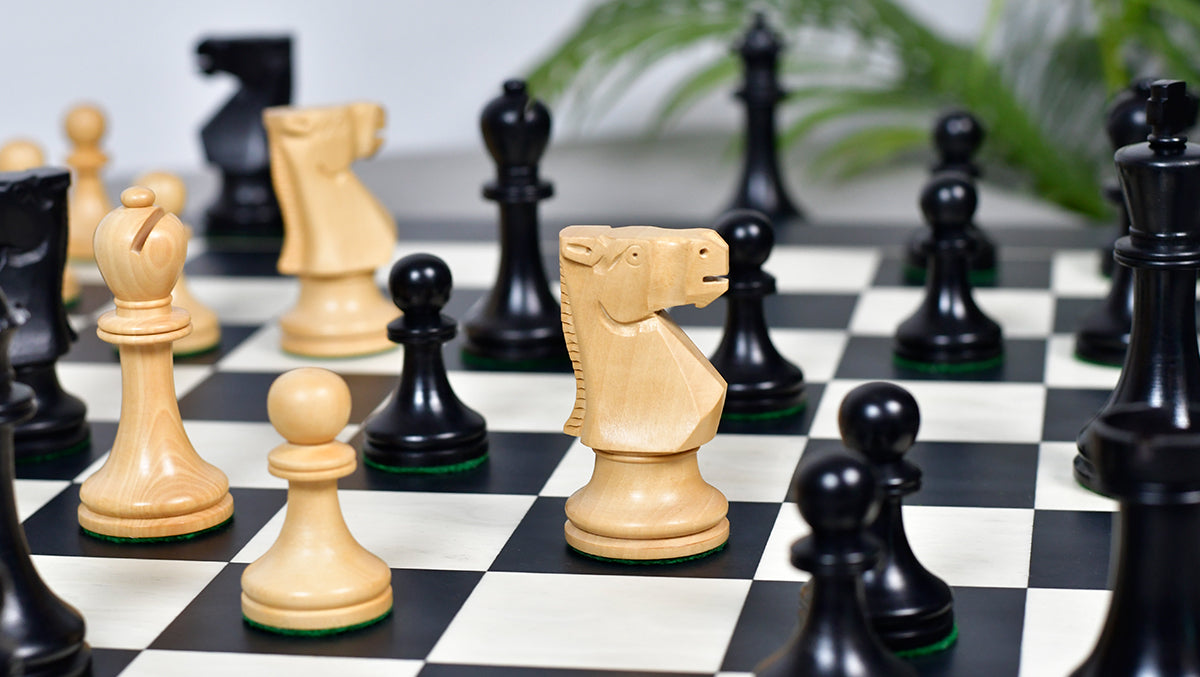 Combo Of Old Vintage English Staunton Series Chess Pieces in Ebonized Wood & Boxwood - 3.8" King With Wooden Black Anigre/ Maple Chess Board