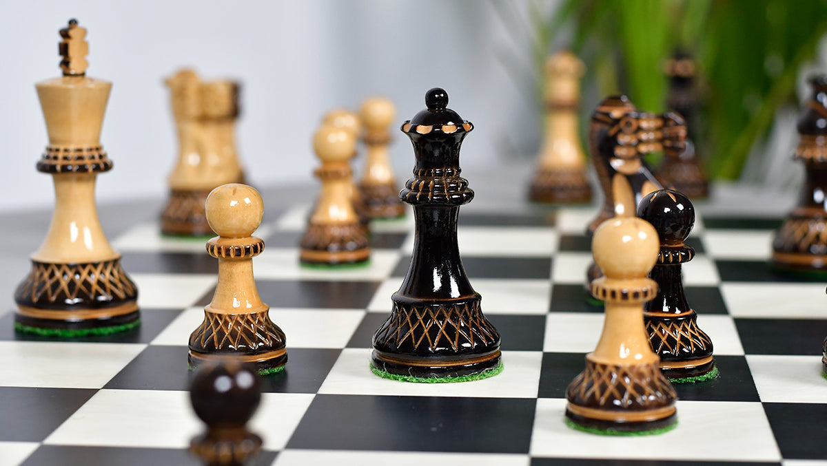Burnt Blazed Series Handcarved (Lacquerd) Chess Pieces in Burnt Boxwood - 3.8" King