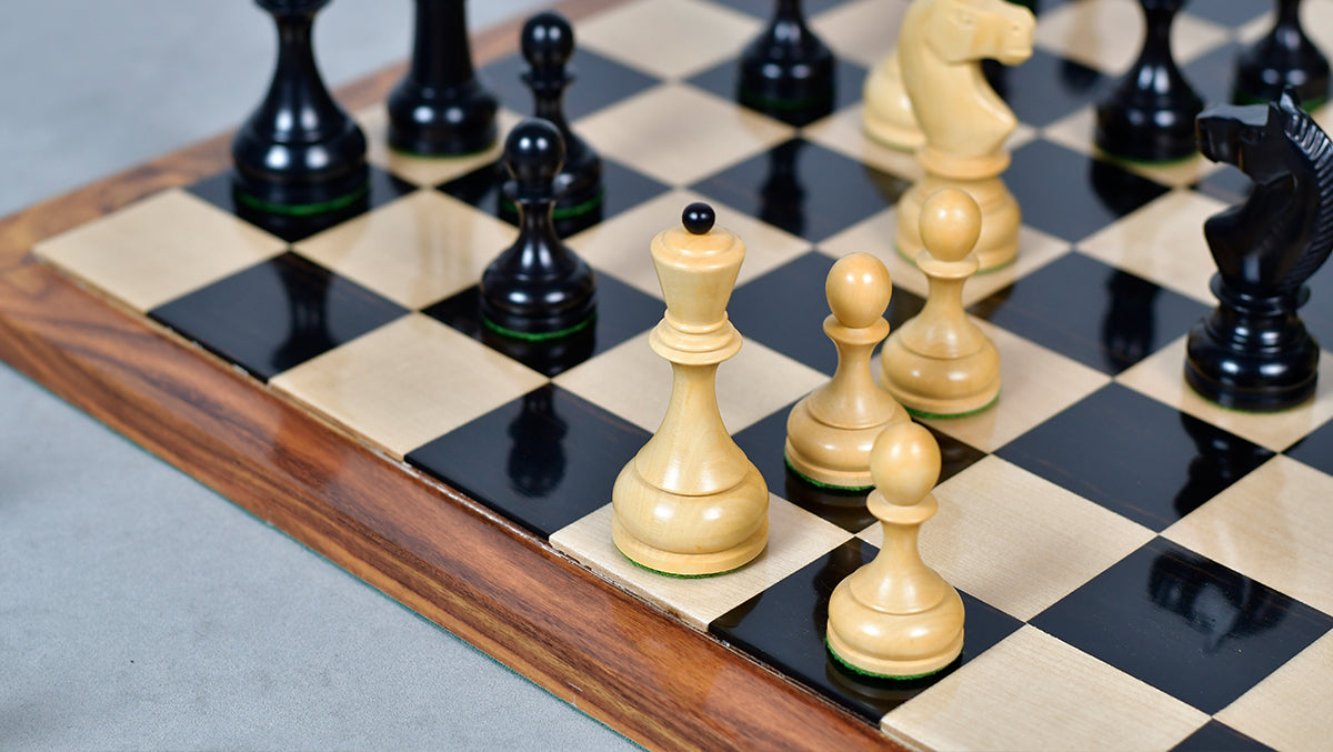 Circa 1930s "Leningrad Schoolboy" 4.2 inch King Soviet Chess Pieces in Ebonized & Boxwood - 1530 grams