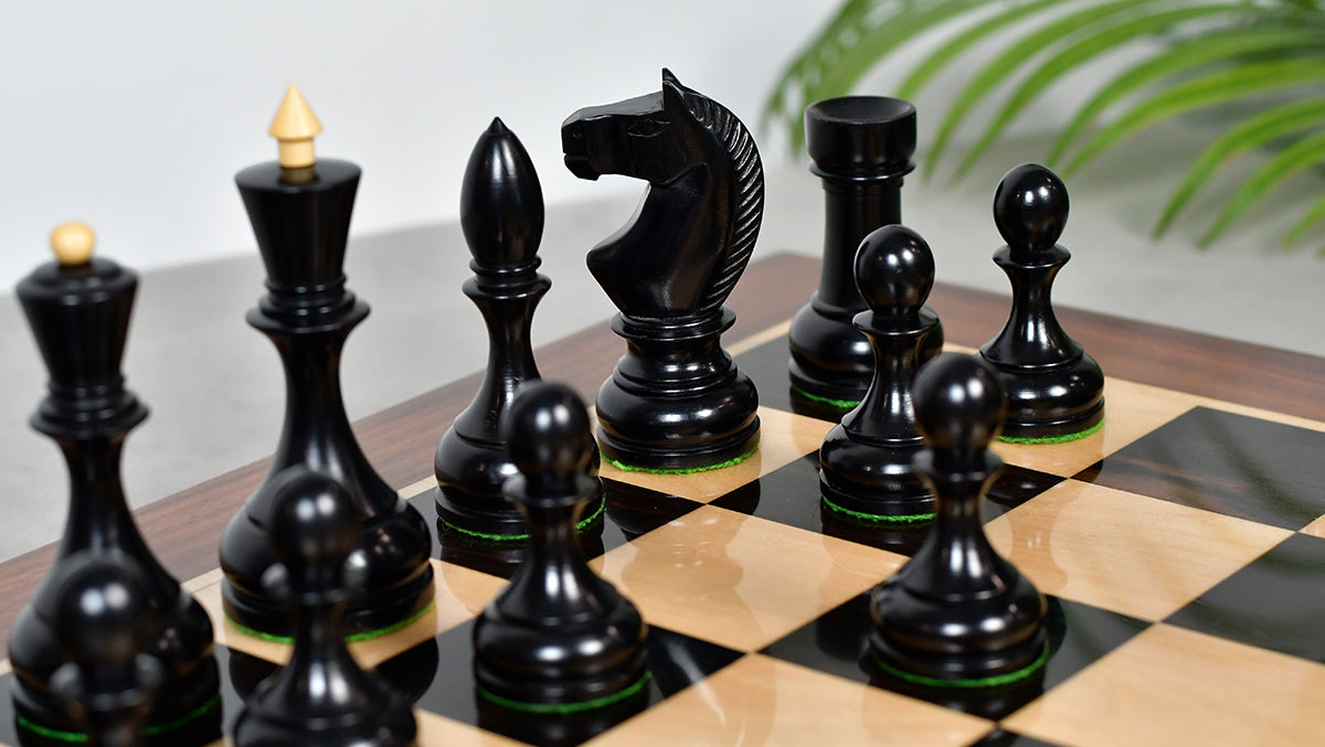 Combo Of Circa 1930s "Leningrad Schoolboy" 4.2 inch King Soviet Chess Pieces in Ebonized & Boxwood - 1530 grams With Solid Wooden Indian Chess Board in Genuine Ebony Wood & Maple Wood with Sheesham Wood Border