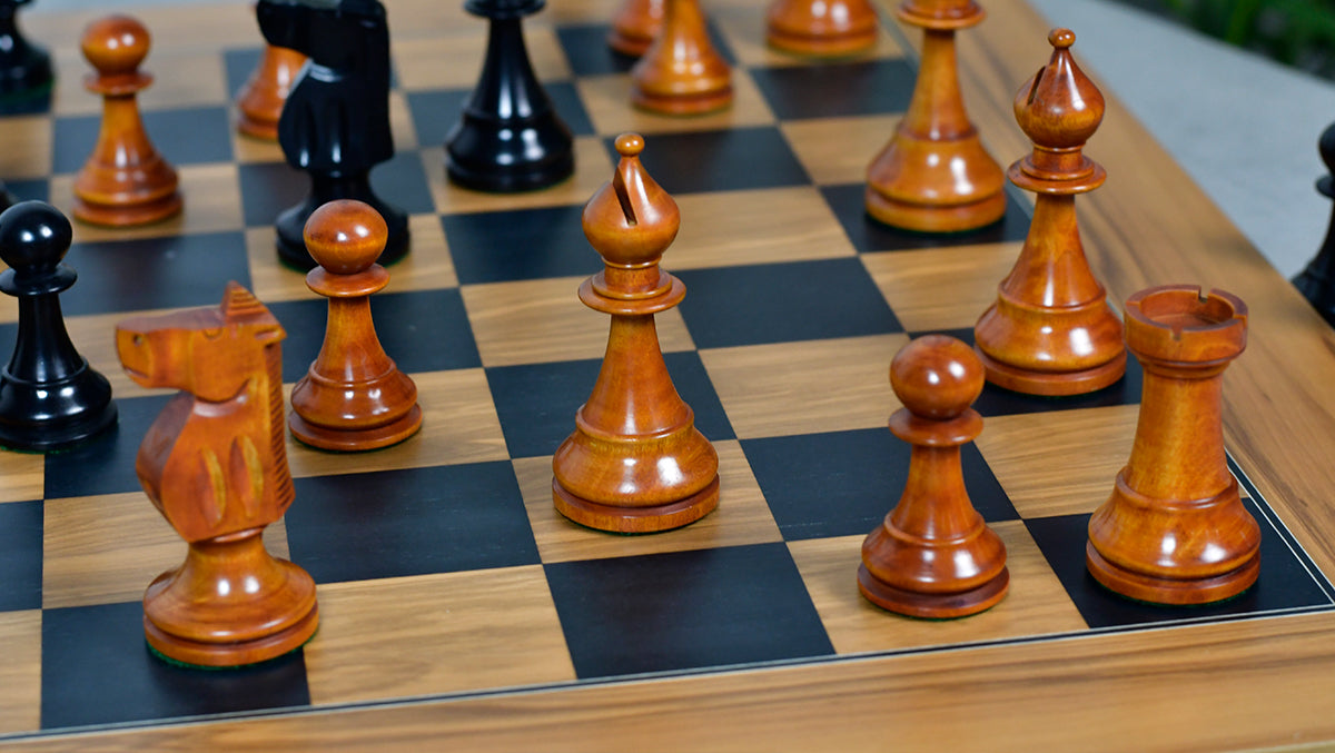 Combo Of The 1973 Philippines Repro International Tournament Chess Pieces in 4.2 Inch King Ebonized & Distressed Antique With Wooden Black Dyed Poplar Olive Chess Board