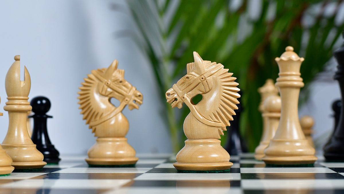 The American Bridle Triple-Weighted Chess Pieces with Extra Queen - Handcrafted in Ebony & Boxwood 4.2" King