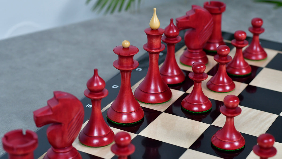 1950s' Soviet (Russian) Latvian Chess Pieces in Stained Crimson / Box Wood - 4.1" King - 1050 Grams