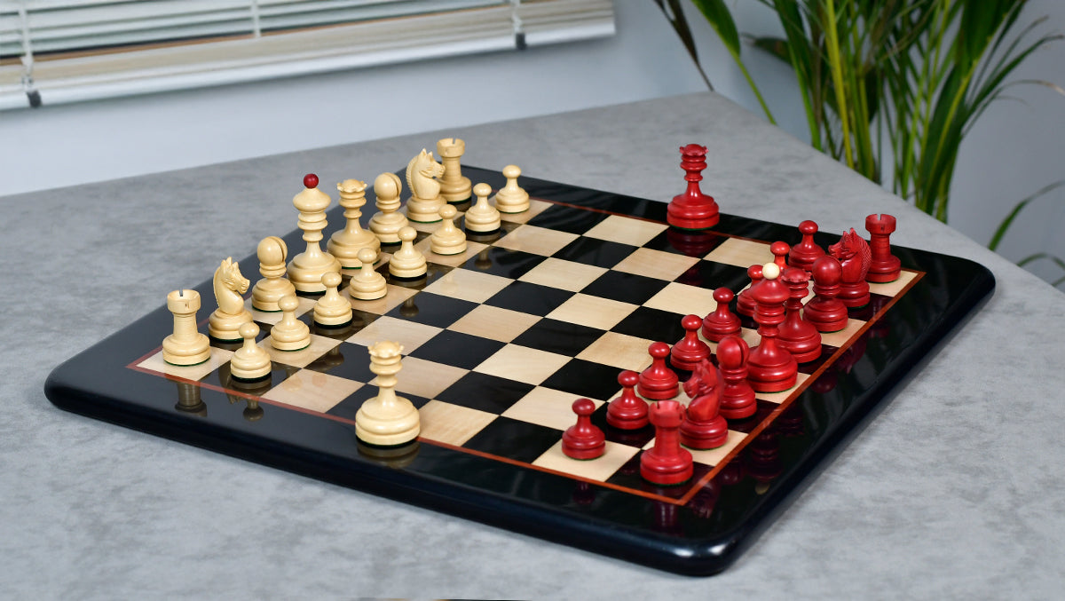 Reproduced Vintage 1930 Knubbel Analysis Chess Pieces in Stained Crimson and Boxwood - 3" King