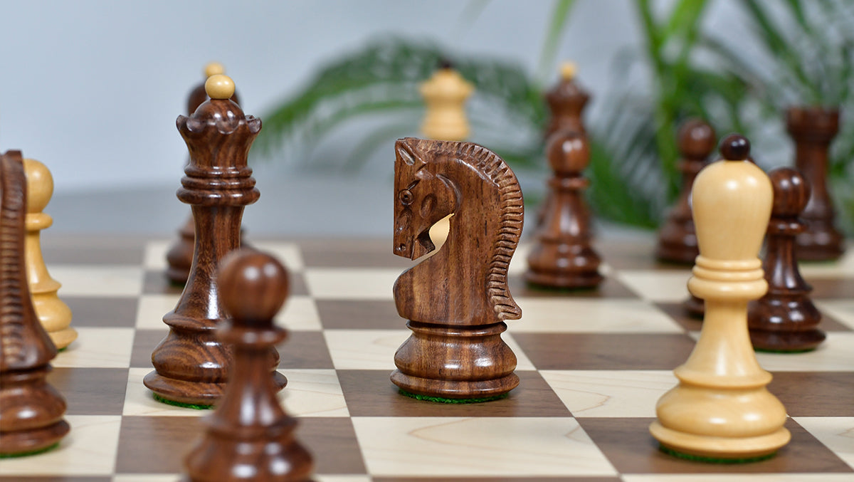 Combo Of 1959 World Chess Championship Russian Zagreb Weighted Chess Pieces in Sheesham / Natural Boxwood 4.14" - King With Wooden Walnut / Maple Chess Board