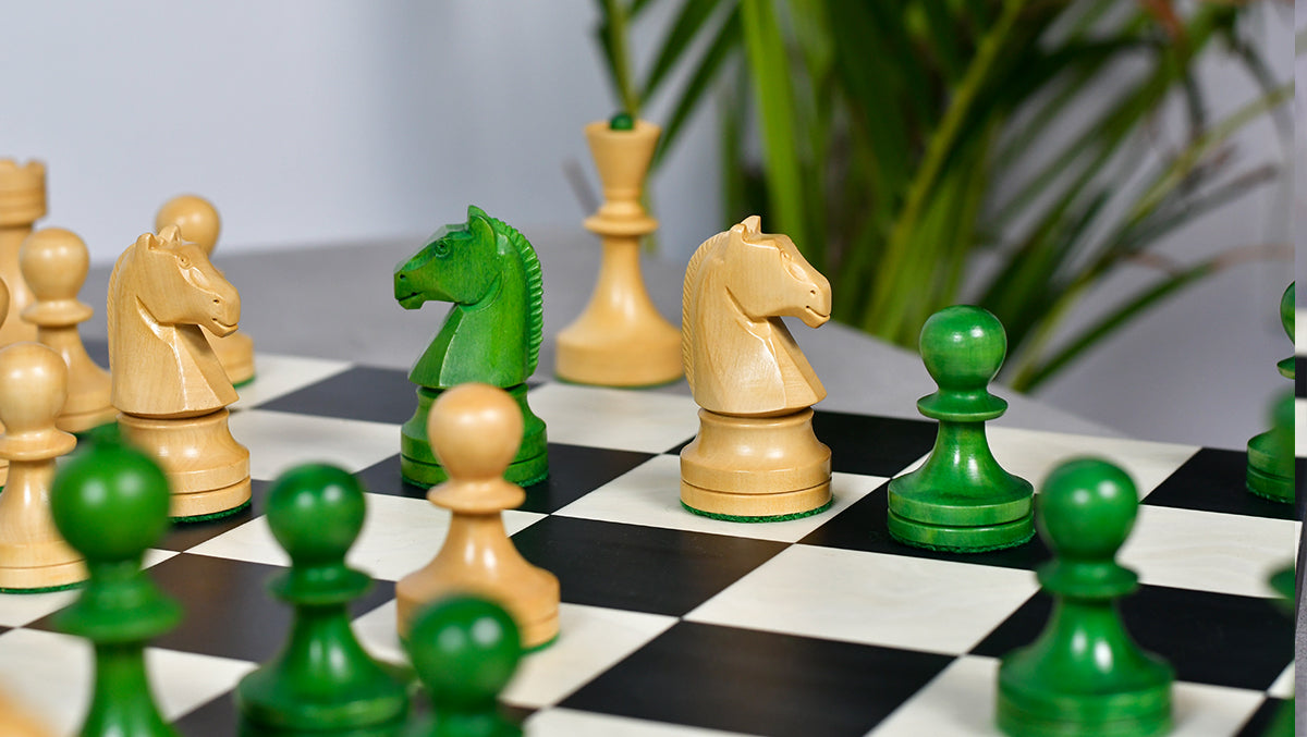 Russian (Soviet Era) Series Chess Pieces in Stained Green Ash Burl / Boxwood - 3.7" King