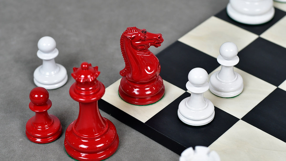 1849 Original Staunton Pattern Painted Chess Pieces (Lacquer Finished) Red Painted Crimson & Ivory White - 4.5" King