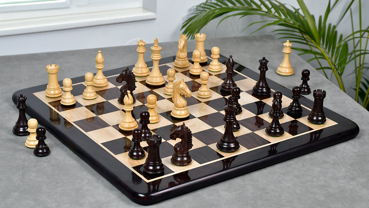 Derby Knight Staunton Weighted Chess Pieces in Rosewood & Boxwood - 4.1" King