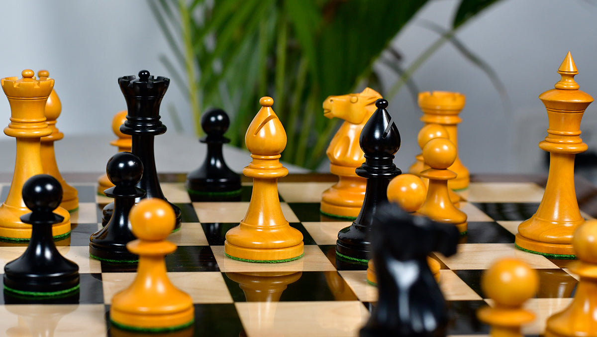 IMPROVED Repro 1904 Cambridge Springs International Tournament Chess Pieces in Ebonized & Antiqued Boxwood - 4" King
