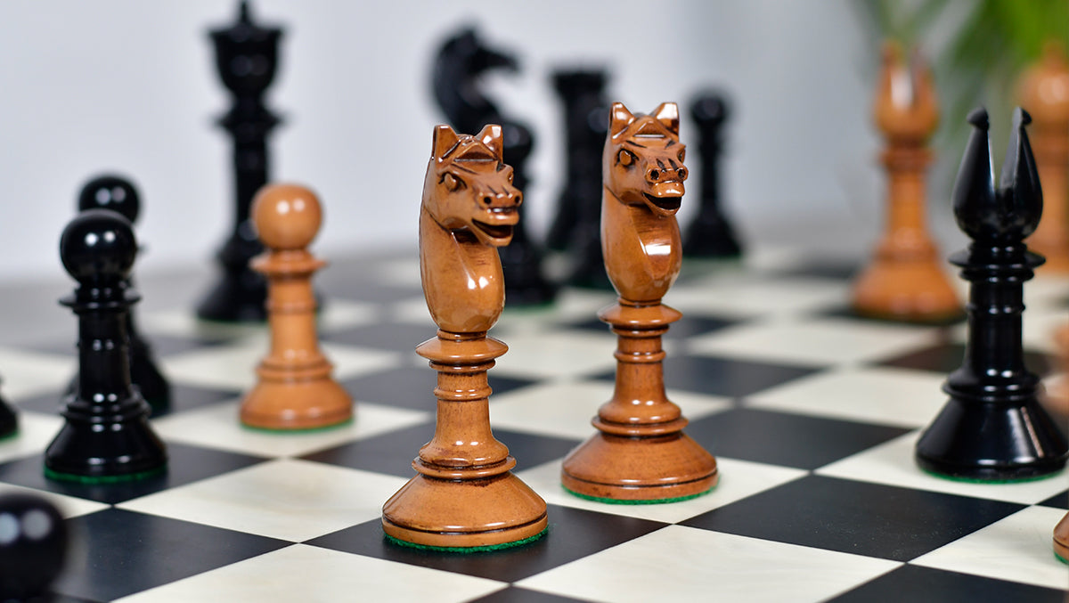Exclusive Repro Old Antique Edinburgh Upright Chess Pieces in Distressed Boxwood and Ebonized Wood - 4.4" King with Extra Queens