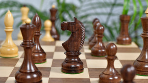 Combo Of Circa 1930s "Leningrad Schoolboy" Soviet Chess Pieces 4.2 inch King in Sheesham & Boxwood - 1530 Grams With Minimalist Walnut Maple Wooden Chess Board Matte Finish