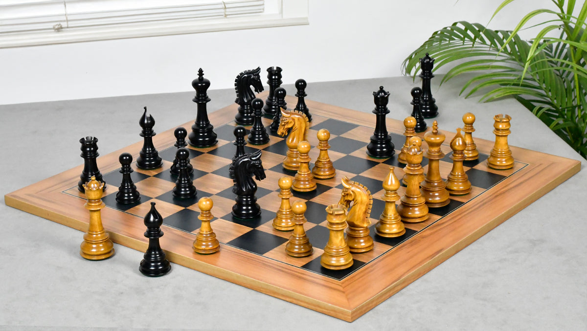 Combo Of War Admiral Antiqued Chess Pieces – 4.4" King – Handcrafted Staunton Design in Ebony Wood & Antiqued Boxwood With Wooden Black Dyed Poplar Olive Chess Board