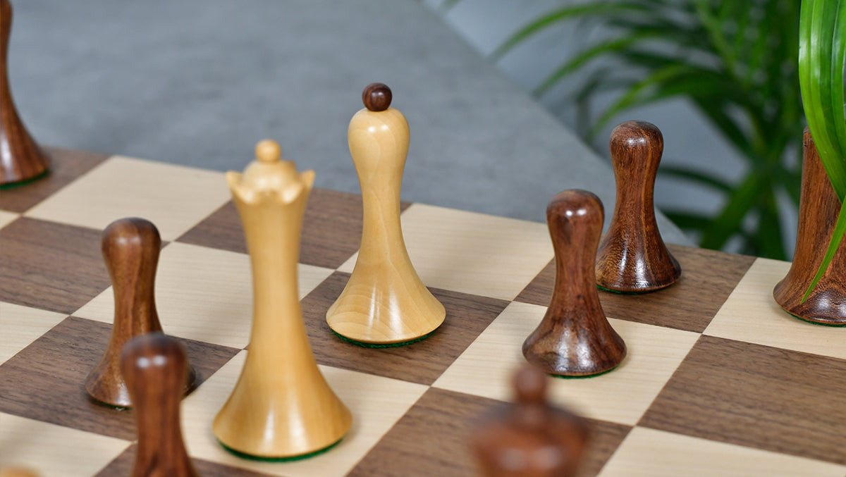 Combo Of Minimalist Soviet-Style Chess Pieces In Sheesham & Boxwood - 3.7” King With Minimalist Walnut Maple Wooden Chess Board Matte Finish