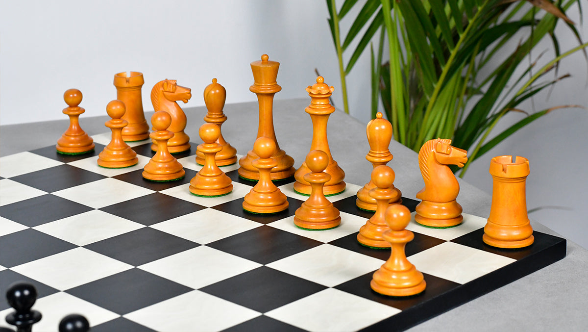 Reproduced B & Co 1860s Antique Chess Pieces in Ebony / Antiqued Box wood - 3.9" King