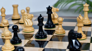 Combo Of Vintage 1915-1925 Nimzovich Staunton Chess Pieces in Ebony & Boxwood – 3.75" King With Solid Wooden Indian Chess Board in Genuine Ebony Wood & Maple Wood with Sheesham Wood Border