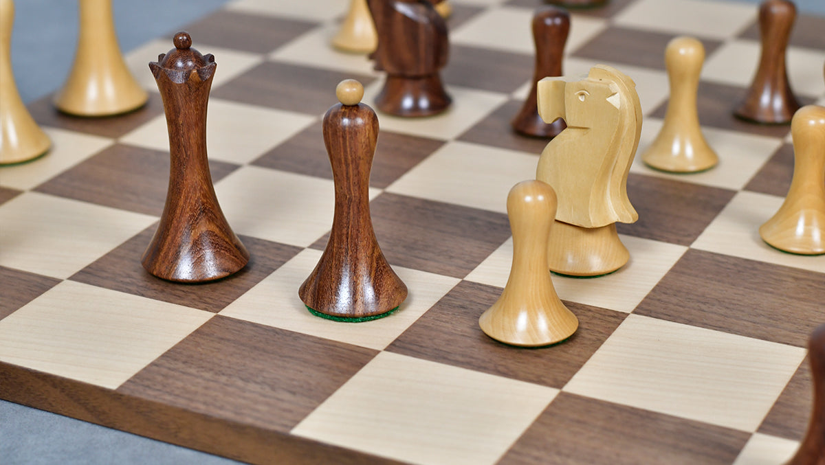 Combo Of Minimalist Soviet-Style Chess Pieces In Sheesham & Boxwood - 3.7” King With Minimalist Walnut Maple Wooden Chess Board Matte Finish
